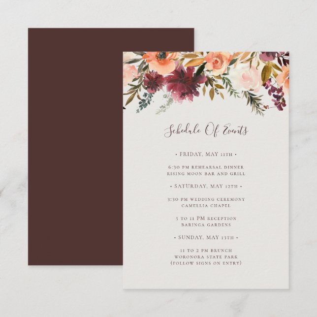 Burgundy Orange Floral | Beige Veranstaltungskalen Begleitkarte (Vorne/Hinten)