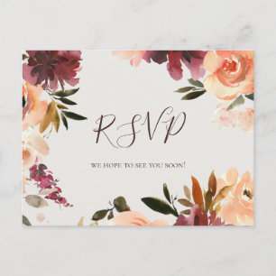 Burgundy Orange Floral Beige Wedding RSVP Postcard Postkarte