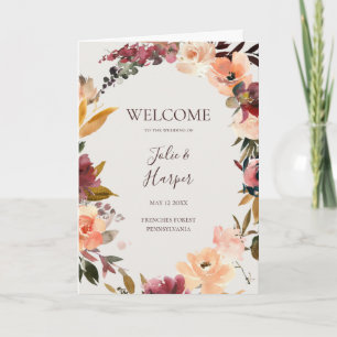 Burgundy Orange Floral   Beigefaltete Hochzeit Programm