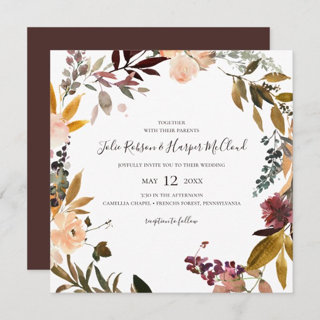 Burgundy Orange Floral | Einladung zur Hochzeit au (Vorne/Hinten)