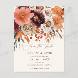 Burgundy Orange Floral Fall Save the Date Ankündigungspostkarte
