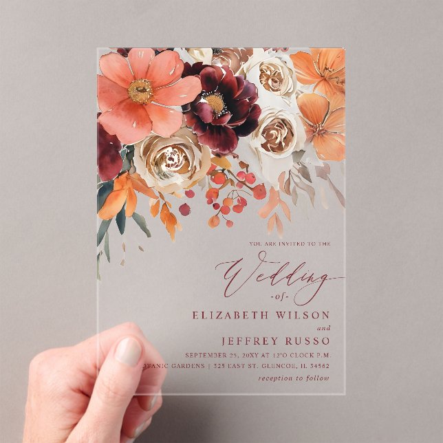 Burgundy Orange Floral Fall Wedding Acryleinladungen (Insitu (Handheld))