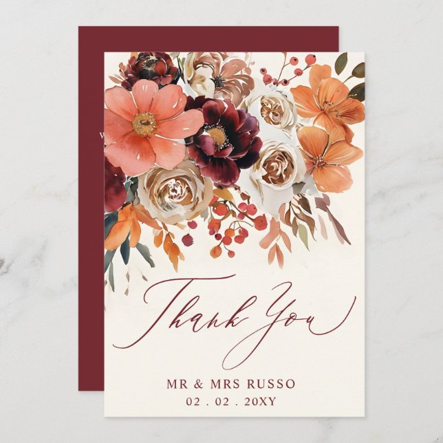 Burgundy Orange Floral Fall Wedding  Dankeskarte (Vorne/Hinten)