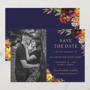 Burgundy Orange Floral Foto Save the Date Karte
