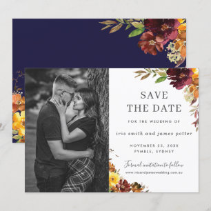 Burgundy Orange Floral Foto Save the Date Karte