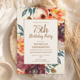 Burgundy Orange Floral Gold Glitzer 75. Geburtstag Einladung