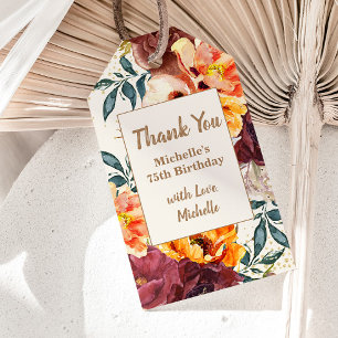 Burgundy Orange Floral Gold Glitzer 75. Geburtstag Geschenkanhänger