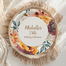 Burgundy Orange Floral Gold Glitzer 75. Geburtstag Pappteller