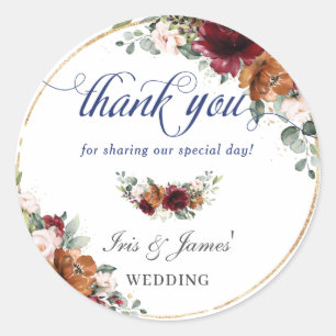 Burgundy Orange Floral Gold Hochzeit Danke Navy Runder Aufkleber
