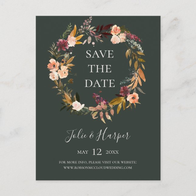 Burgundy Orange Floral Green Save the Date Einladu Einladungspostkarte (Vorderseite)