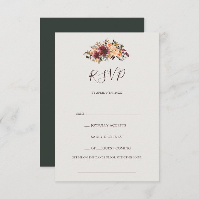 Burgundy Orange Floral Green Song Request RSVP Karte (Vorne/Hinten)