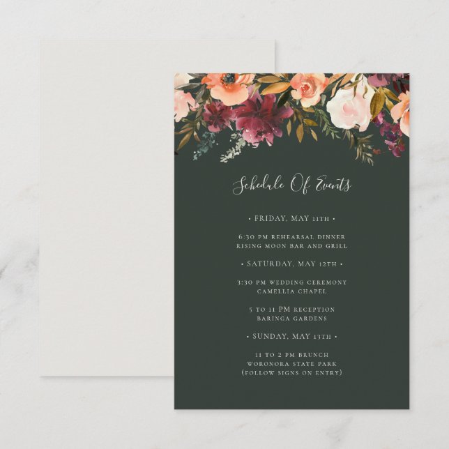 Burgundy Orange Floral | Grüner Veranstaltungskale Begleitkarte (Vorne/Hinten)