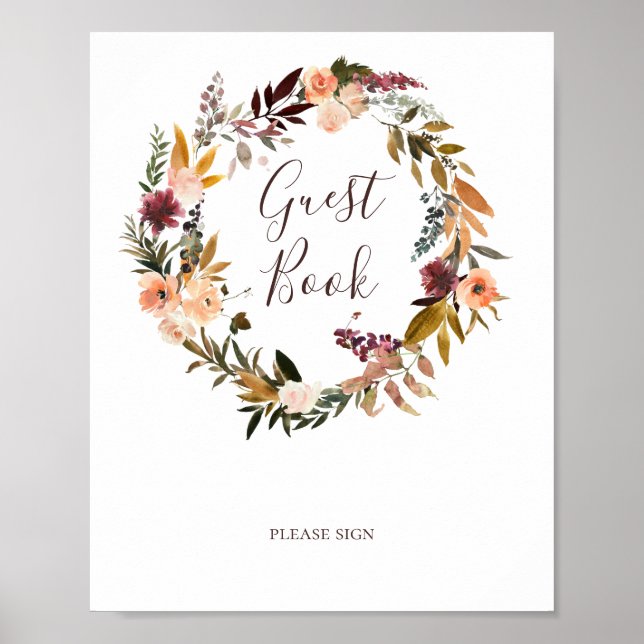 Burgundy Orange Floral Guest Book Sign Poster (Vorne)