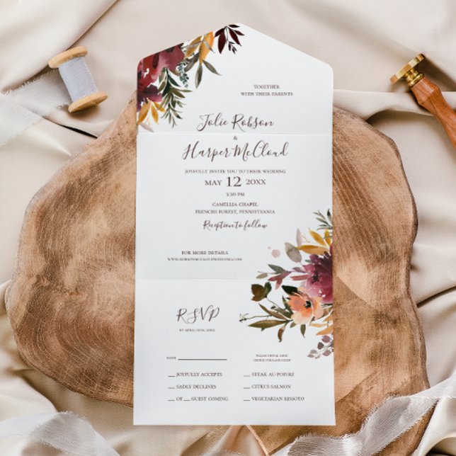 Burgundy Orange Floral | Siegel und Senden All In One Einladung (Von Creator hochgeladen)