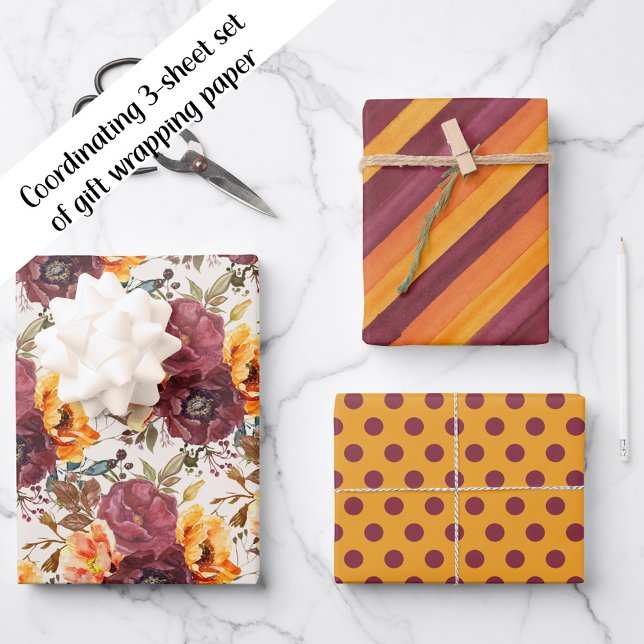 Burgundy Orange Floral Striped Polka Dosen Geschenkpapier Set (Orange and burgundy floral, striped, and polka dot 3-sheet set of coordinating wrapping paper)