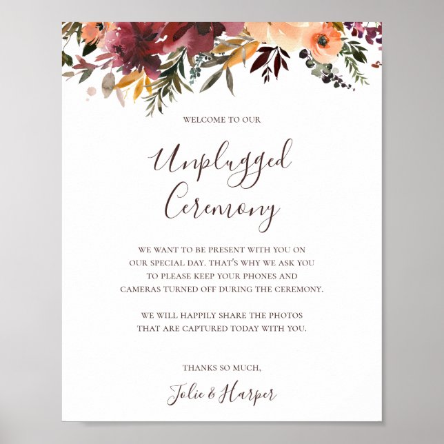 Burgundy Orange Floral Unplugged Zeremony Sign Poster (Vorne)
