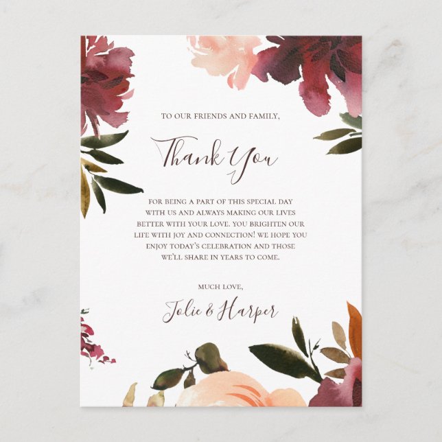 Burgundy Orange Floral | Vielen Dank, Empfang Card Postkarte (Vorderseite)
