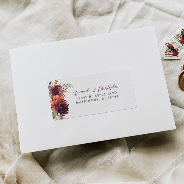 Burgundy Orange Floral Wedding RSVP-Adresse Adressaufkleber (Von Creator hochgeladen)
