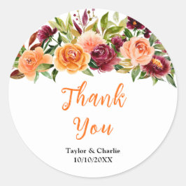 Burgundy Orange Floral Wedding Thank You Runder Aufkleber