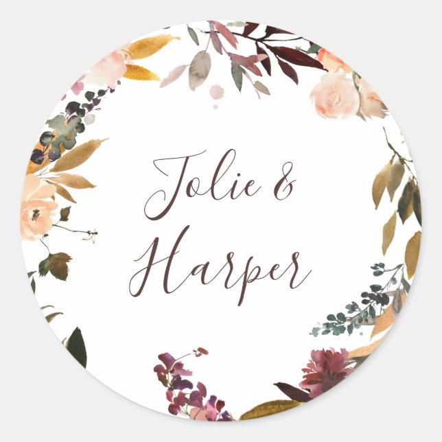 Burgundy Orange Floral Wedding Umschlag Aufklebers Runder Aufkleber (Vorderseite)