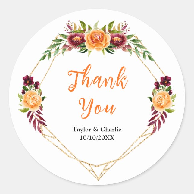 Burgundy Orange Floral Wedding Vielen Dank Runder Aufkleber (Vorderseite)