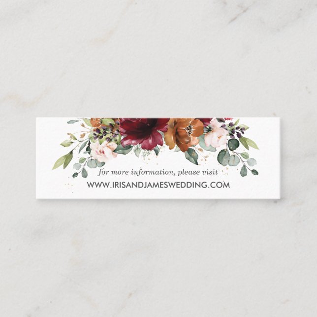 Burgundy Orange Floral Wedding Website Card Mini Visitenkarte (Vorderseite)