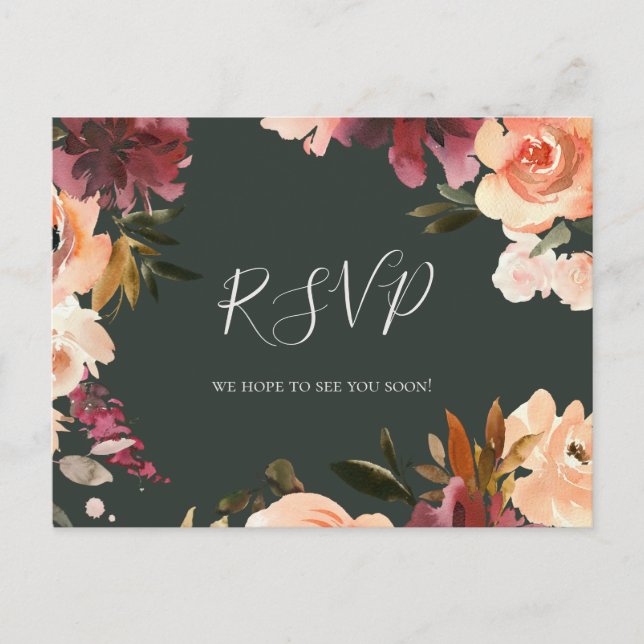 Burgundy Orange Green Wedding RSVP Postcard Postkarte (Vorderseite)