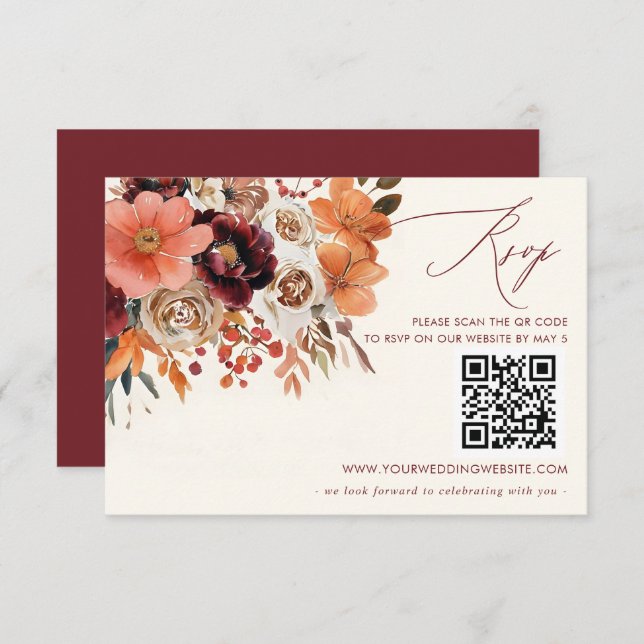 Burgundy Orange Hochzeit im Herbst QR CODE RSVP Karte (Vorne/Hinten)