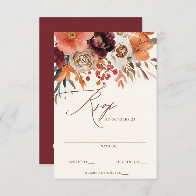 Burgundy Orange Hochzeit im Herbst RSVP Karte (Vorne/Hinten)