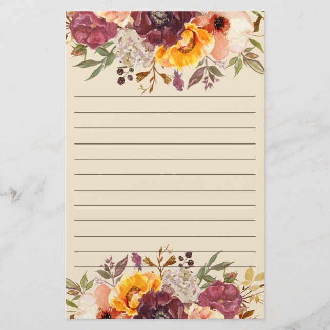 Burgundy Orange Pink Floral Lined Briefpapier (Vorderseite)