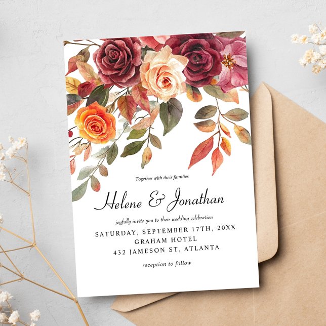Burgundy Orange Watercolor Boho Elegante Hochzeit Einladung (Burgundy Orange Watercolor Boho Elegant Wedding Invitation)