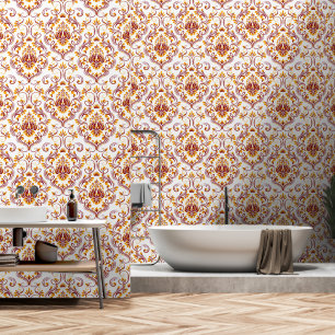 Burgundy Orange White Damask Floral Peel and stick Tapete