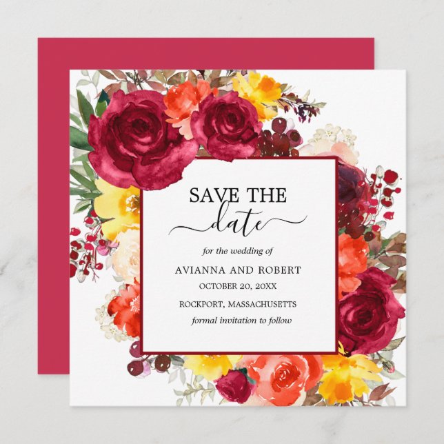 Burgundy Orange Yellow Pink Floral Save the Date (Vorne/Hinten)