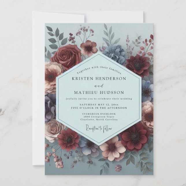 Burgundy Painterly Flora Wedding Einladung (Vorderseite)