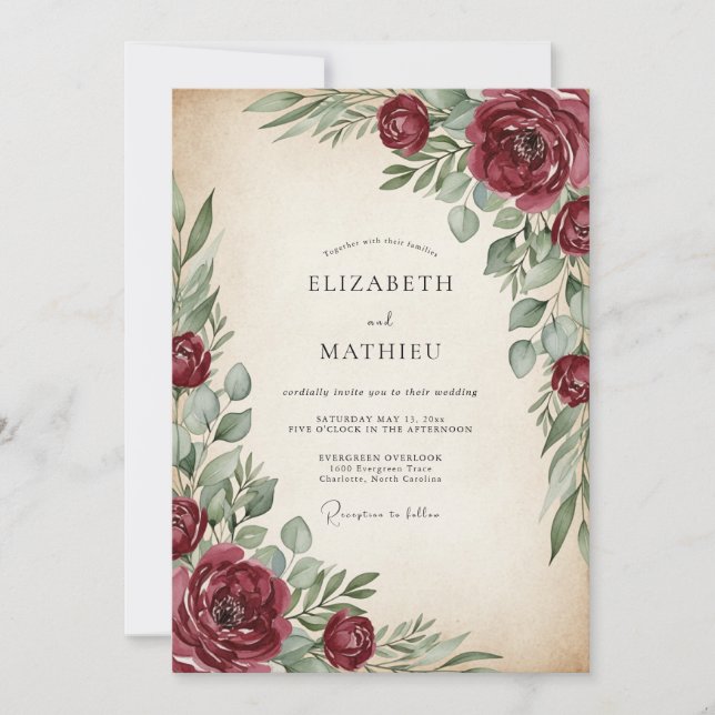 Burgundy Painterly Vintage Wedding Einladung (Vorderseite)