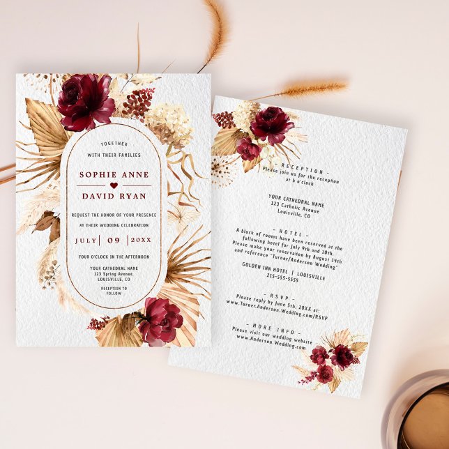 Burgundy Pampasgras auf einer Hochzeit Einladung (Burgundy pampas grass wedding invite, trendy terracotta floral wedding, modern floral dried leaves)
