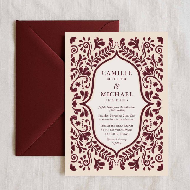 Burgundy Papel Picado Mexican Wedding Invitation Einladung (Mexican Talavera Wedding Invitation)