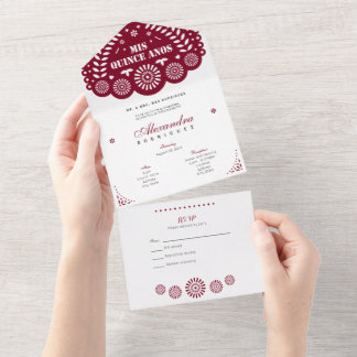Burgundy Papel Picado Mis Quince Años All In One Einladung