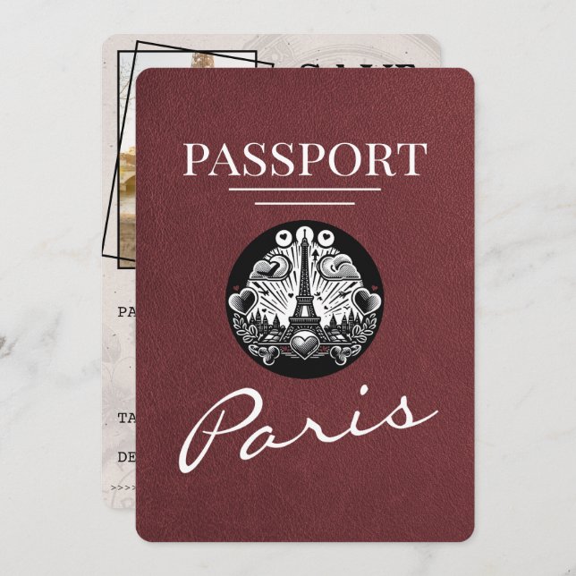 Burgundy Paris Passport Save the Date (Vorne/Hinten)