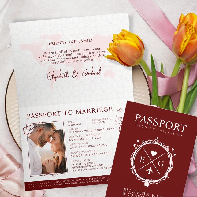 Burgundy Passport Reisen Hochzeit in Urlaubsort Einladung (Von Creator hochgeladen)