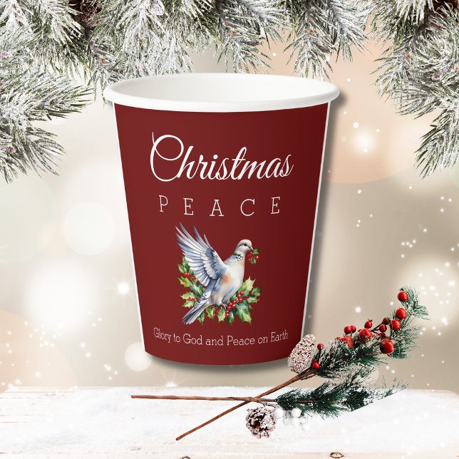 Burgundy Peace Dove Holly Christian Christmas Pappbecher (Von Creator hochgeladen)