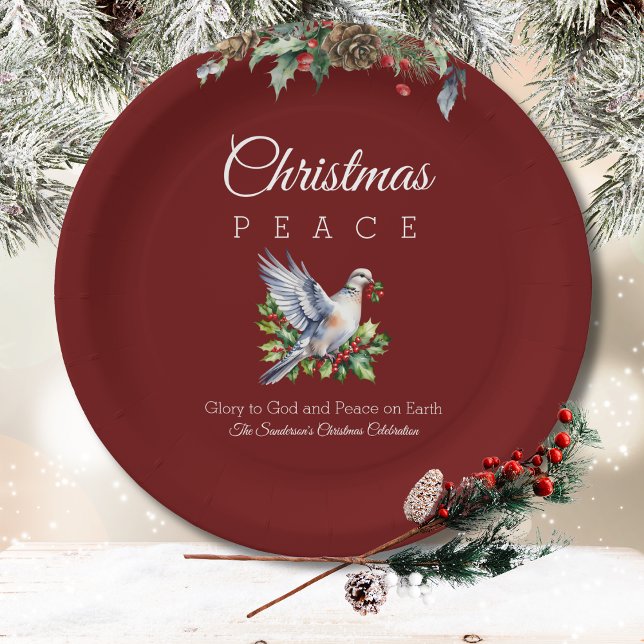 Burgundy Peace Dove Holly Christian Christmas Pappteller (Von Creator hochgeladen)