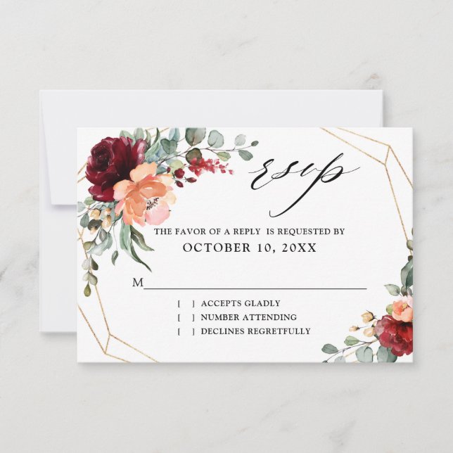 Burgundy Peach Coral Orange Eucalyptus Wedding RSV RSVP Karte (Vorderseite)