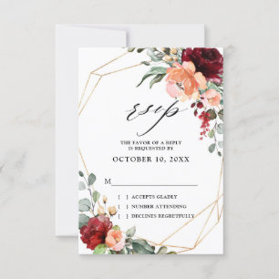 Burgundy Peach Coral Orange Eukalyptus Wedding RSVP Karte