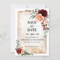 Burgundy Peach Coral Pink Roses Save the Date Kart