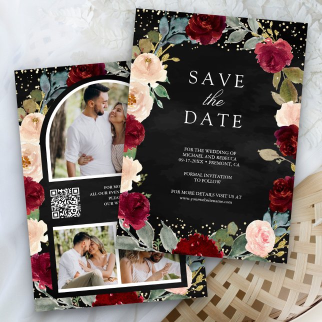 Burgundy Peach Floral Foto Black QR Code Hochzeit Save The Date (Von Creator hochgeladen)