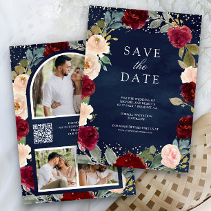 Burgundy Peach Floral Foto Navy QR Code Hochzeit Save The Date
