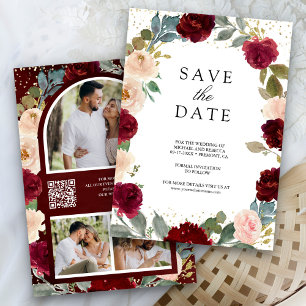 Burgundy Peach Floral Foto QR Code Hochzeit Save The Date