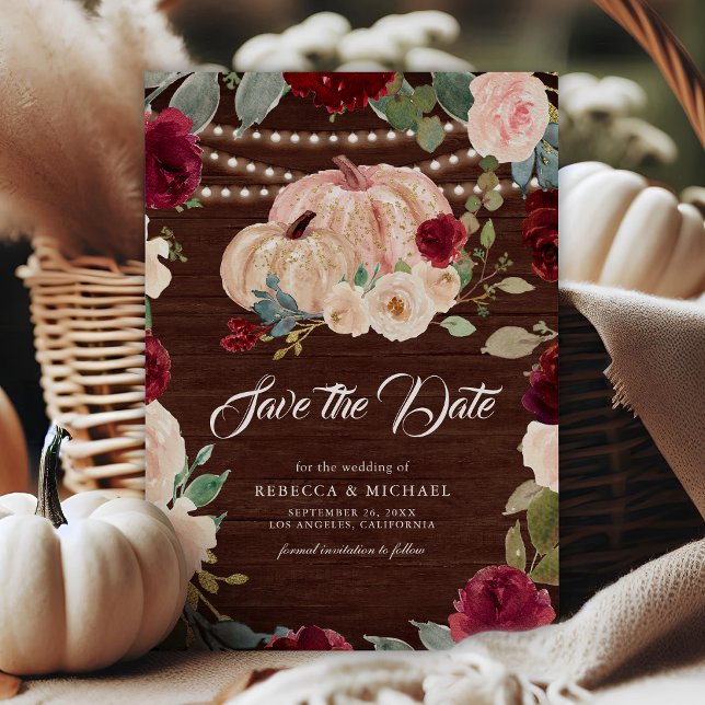Burgundy Peach Floral Pumpkin Wood Wedding Save The Date (Von Creator hochgeladen)