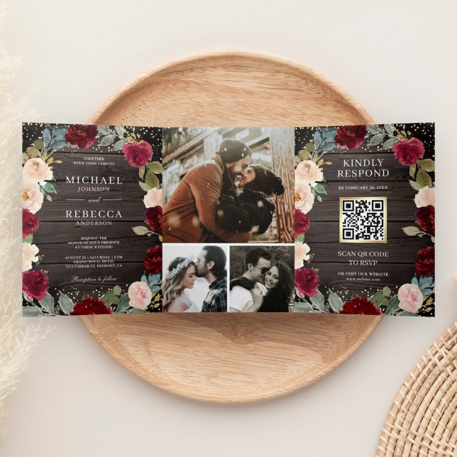 Burgundy Peach Floral QR Code Barn Wood Wedding Dreifach Gefaltete Einladung (Von Creator hochgeladen)